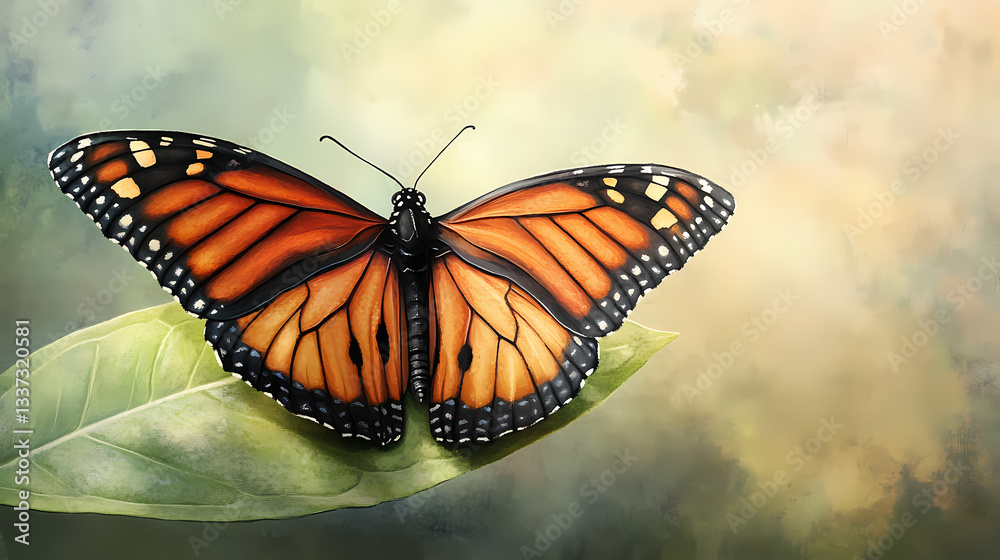 Fototapeta premium A delicate, orange-hued monarch butterfly perches on a soft, green leaf, its intricate wings showcasing vibrant veins and gentle, wispy edges against a serene background. Shadowy Veins. Illustration