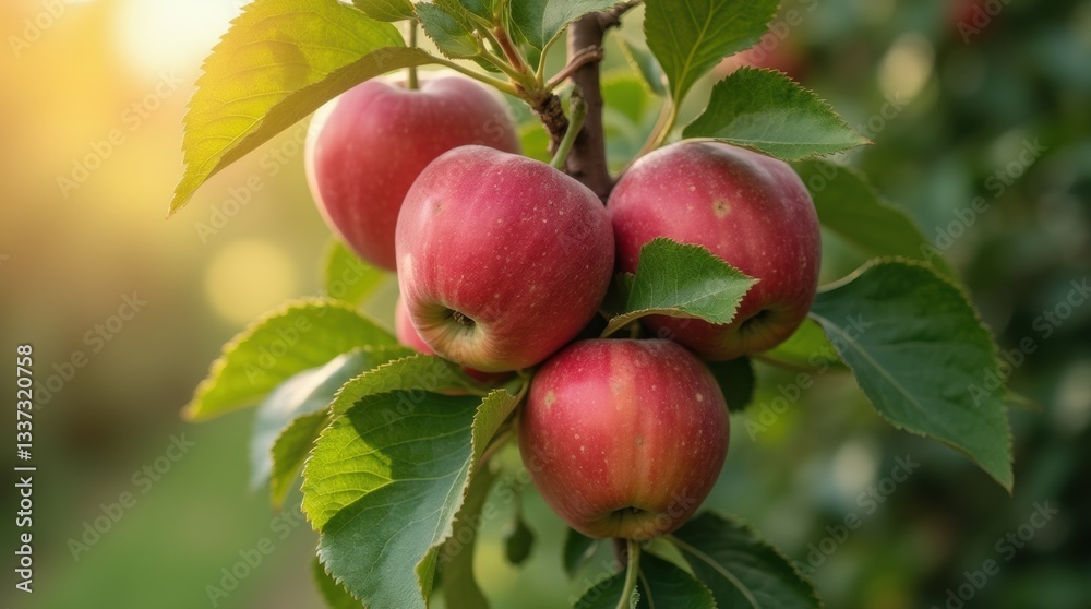 A scenic view of bright red apples hanging from a tree, surrounded by glossy green leaves under soft sunlight A scenic view of bright red apples hanging from a tree, surrounded by glossy green leaves under soft sunlight