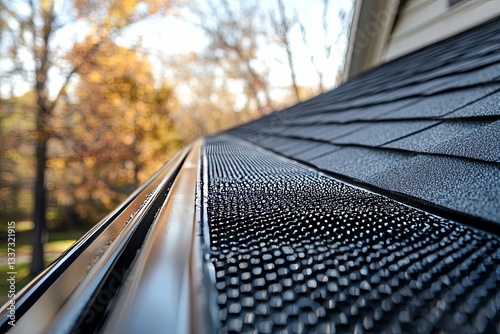 The black roof gutter with leaf guard installed on a house