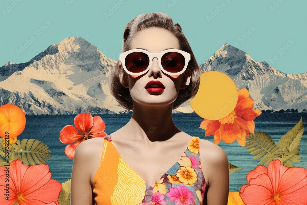 Minimal Collage Retro dreamy of adult sunglasses mountain swimwear.