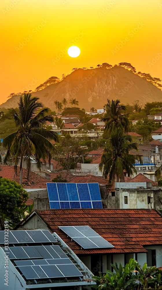 Fototapeta premium Sunset over African village with solar panels.