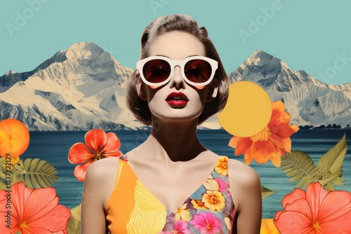 Minimal Collage Retro dreamy of adult sunglasses mountain swimwear.