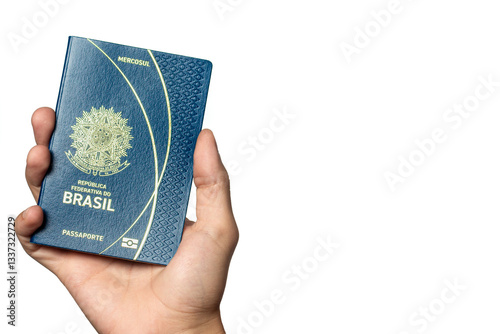 Person holding a Brazilian Passport on white background with copy space.