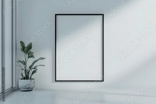 A modern living room with a blank poster frame on the wall, designed for the display of artwork in a minimalist Scandinavian interior. 40k, , high resolution