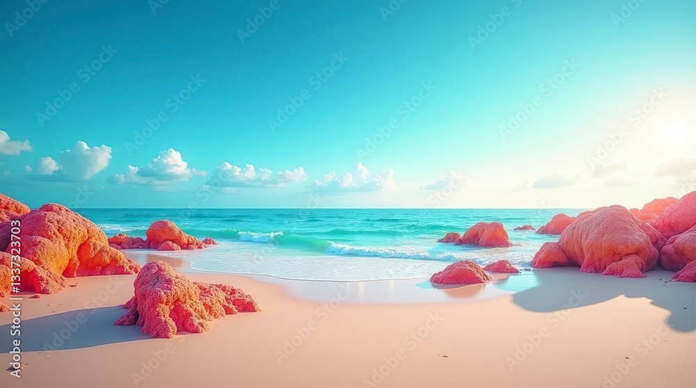 A breathtaking beach panorama with vibrant coral rocks scattered along the shoreline A breathtaking beach panorama with vibrant coral rocks scattered along the shoreline
