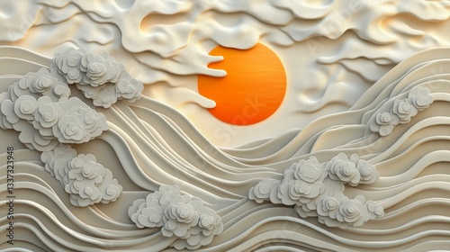Abstract art piece illustrating a scenic view of layered waves and a rising sun