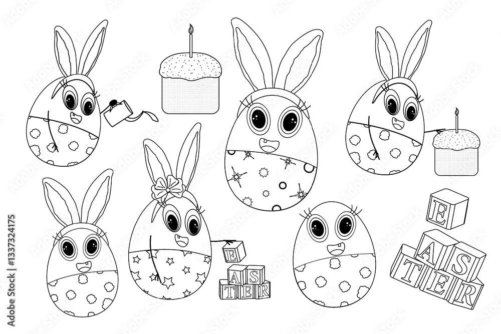 Obraz premium Cute Easter coloring page with set bunny-themed eggs, festive Easter cake, and Easter blocks. Perfect for kids activities, crafts, and holiday fun.