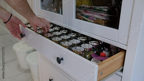 Placing a Spice Jar into an Organized Kitchen Drawer – Neatly Storing Spices in a Tidy Kitchen