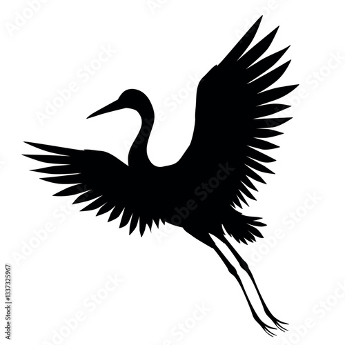 Silhouette or shadow black ink symbol of a crane bird or heron flying icon. Stork outline cutting template or creative background vector illustration isolated on white.