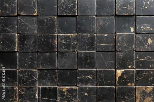 Dark grungy texture with a black tile pattern and geometric grid, resembling a scratched chalkboard for an industrial-minimalist abstract background
