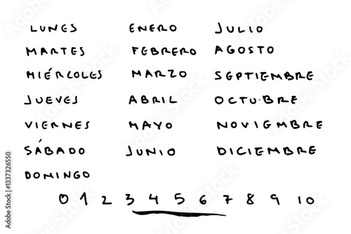 Palabras escritas a mano con rotulador. Meses del año, días de la semana y números. Escrito en mayúsculas en castellano