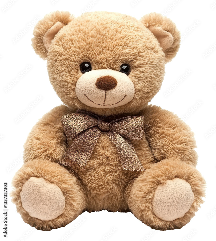 Obraz premium Brown teddy bear sitting. Plush toy with bow tie. Stuffed animal isolated on transparent background. Soft cuddly bear png.