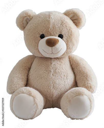 Teddy bear sitting, plush toy. Beige stuffed animal, isolated image, transparent, png. Soft toy for kids. Cuddly bear sitting pose.