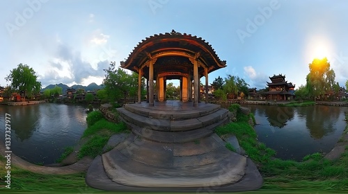 Sunset Pavilion for Chinese Garden, 360 Panorama.