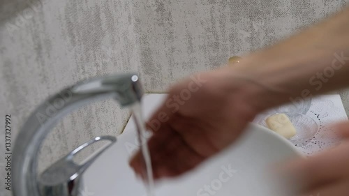 Close-Up of Liquid Soap and Bar Soap Near a Sink as Hands Use Soap and Wash Under Running Water