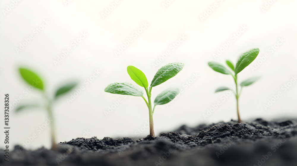 Naklejka premium Three tiny green plants are sprouting from the ground, each one barely visible. The dirt is dark and rich, providing the perfect environment for the plants to grow. The plants are small and delicate