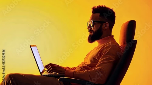Man with Beard and Sunglasses Sits in Chair Using Laptop, Bathed in Warm Orange Light, Creating Modern and Focused Atmosphere