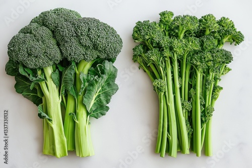 Fresh broccoli and broccolini side by side, highlighting texture and contrast photo
