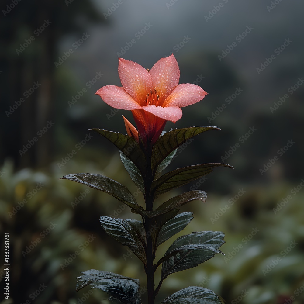 Fototapeta premium Solitary orange flower, rain, dark forest, serene nature, wallpaper
