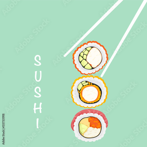 Set of various types of sushi vector. Delicious food. Popular Japanese food. Three pieces of Maki Sushi arranged vertically. Two pairs of chopsticks are holding the top piece of sushi. For food menu.