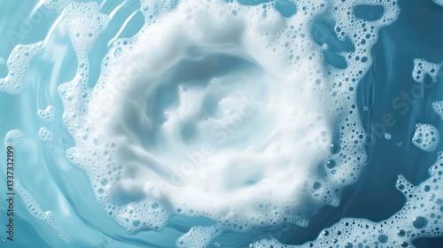 3d illustration of foam bubbles swirling in water on blue background. Spin whirlwind with shampoo blobs. Laundry