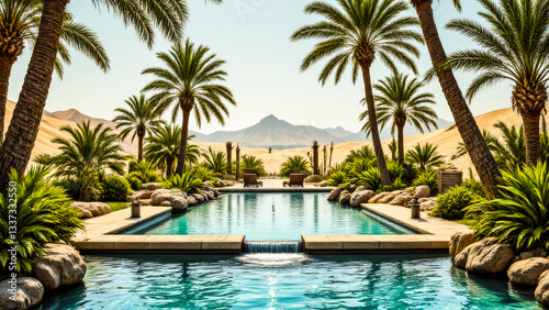 Oasis in desert, sandy dunes.  Swimming pool surrounded by palms in desert landscape with mountains and hills on the horizon.  Landscape background illustration