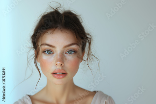 Portret młodej kobiety z brokatowym makijażem na twarzy i delikatną skórą w studiu photo