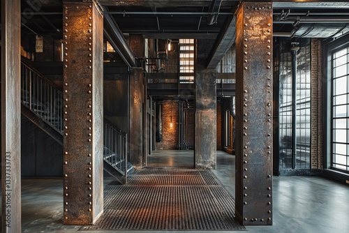 The interior industrial space features metal columns and staircases