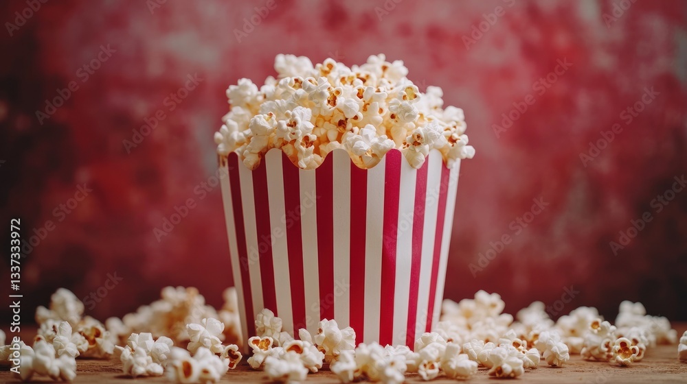 Popcorn in striped container on wooden surface, red background Popcorn in striped container on wooden surface, red background