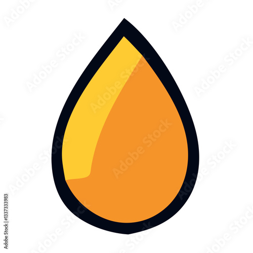 A stylized orange droplet shape with a glossy finish, outlined in black, representing liquid or oil.