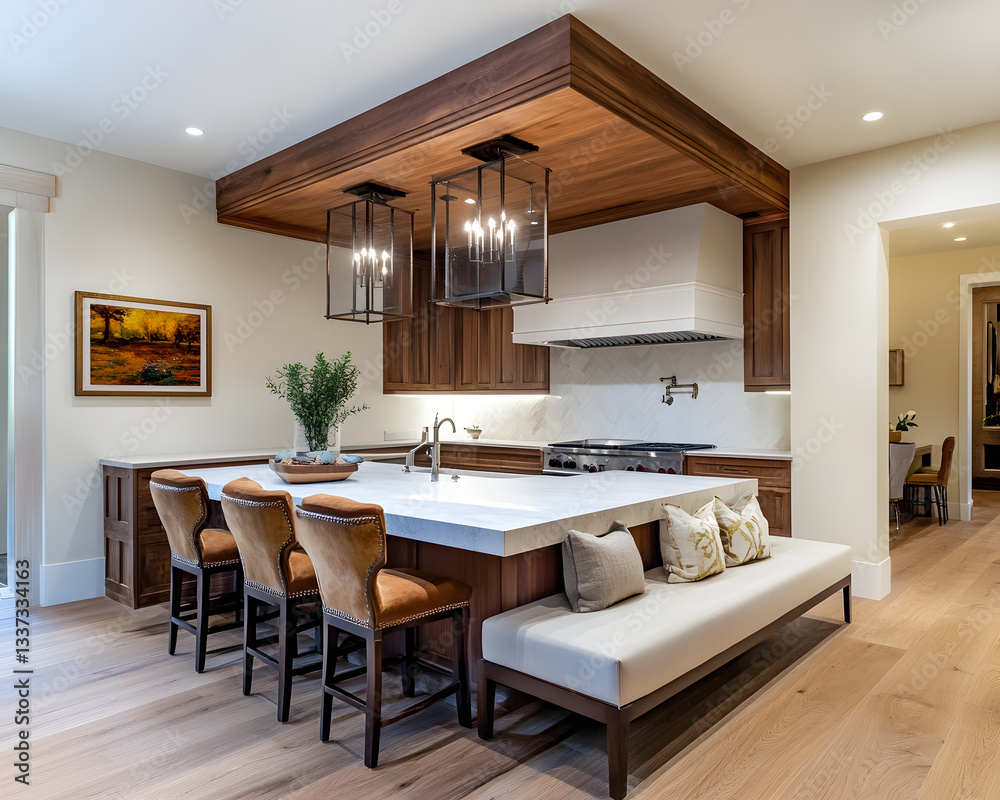 Fototapeta premium A beautifully designed kitchen exuding warmth, perfect for gathering and culinary creativity.