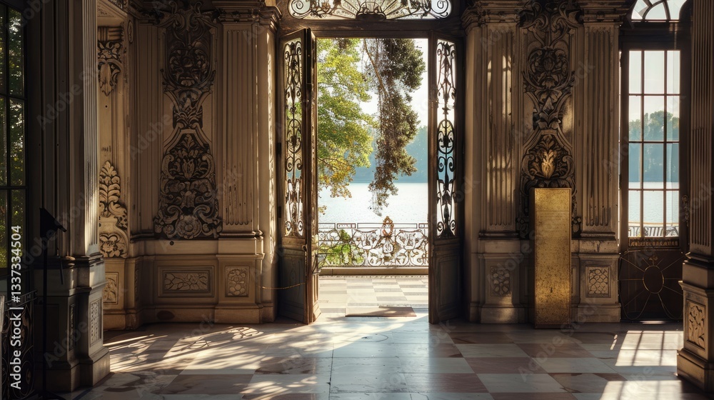 Ornate Palace Interior with a View of a Lake Ornate Palace Interior with a View of a Lake