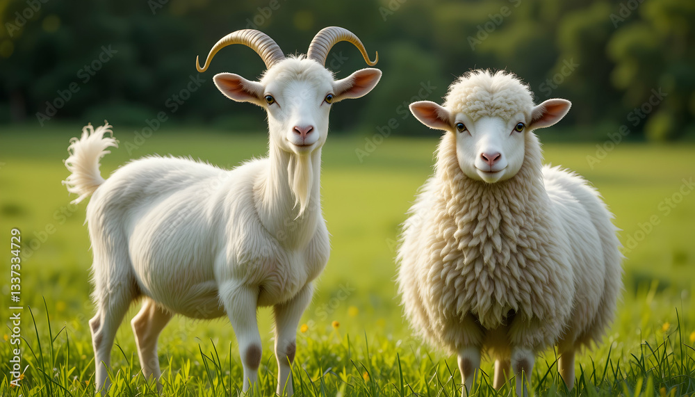 Fototapeta premium Goat and Sheep in Pasture Farm Animals Photo