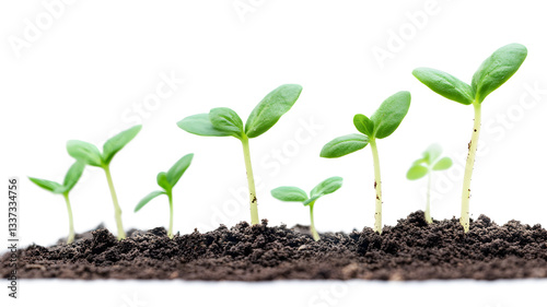 A row of small green plants are growing in the dirt. The plants are at different stages of growth, with some still small and others taller. Concept of growth and development