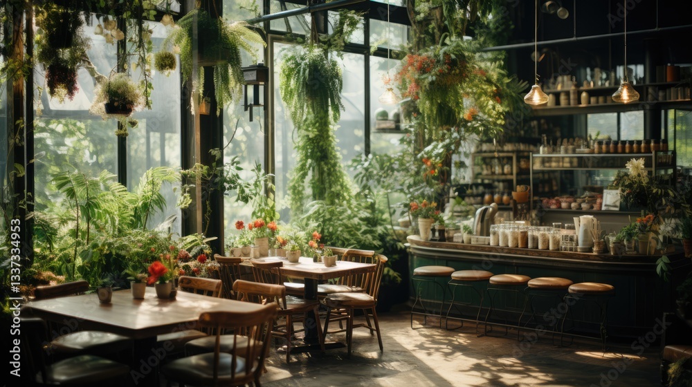 Naklejka premium Sunlit Greenhouse Restaurant with Lush Greenery