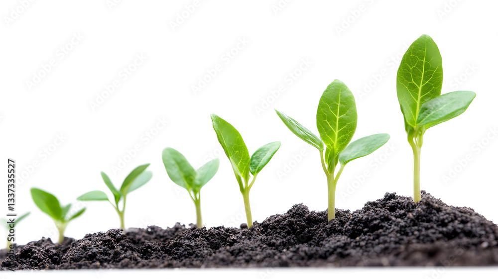 A row of small green plants growing in the dirt. The plants are at different stages of growth, with some being taller than others. Concept of growth and development, as the plants continue to mature A row of small green plants growing in the dirt. The plants are at different stages of growth, with some being taller than others. Concept of growth and development, as the plants continue to mature
