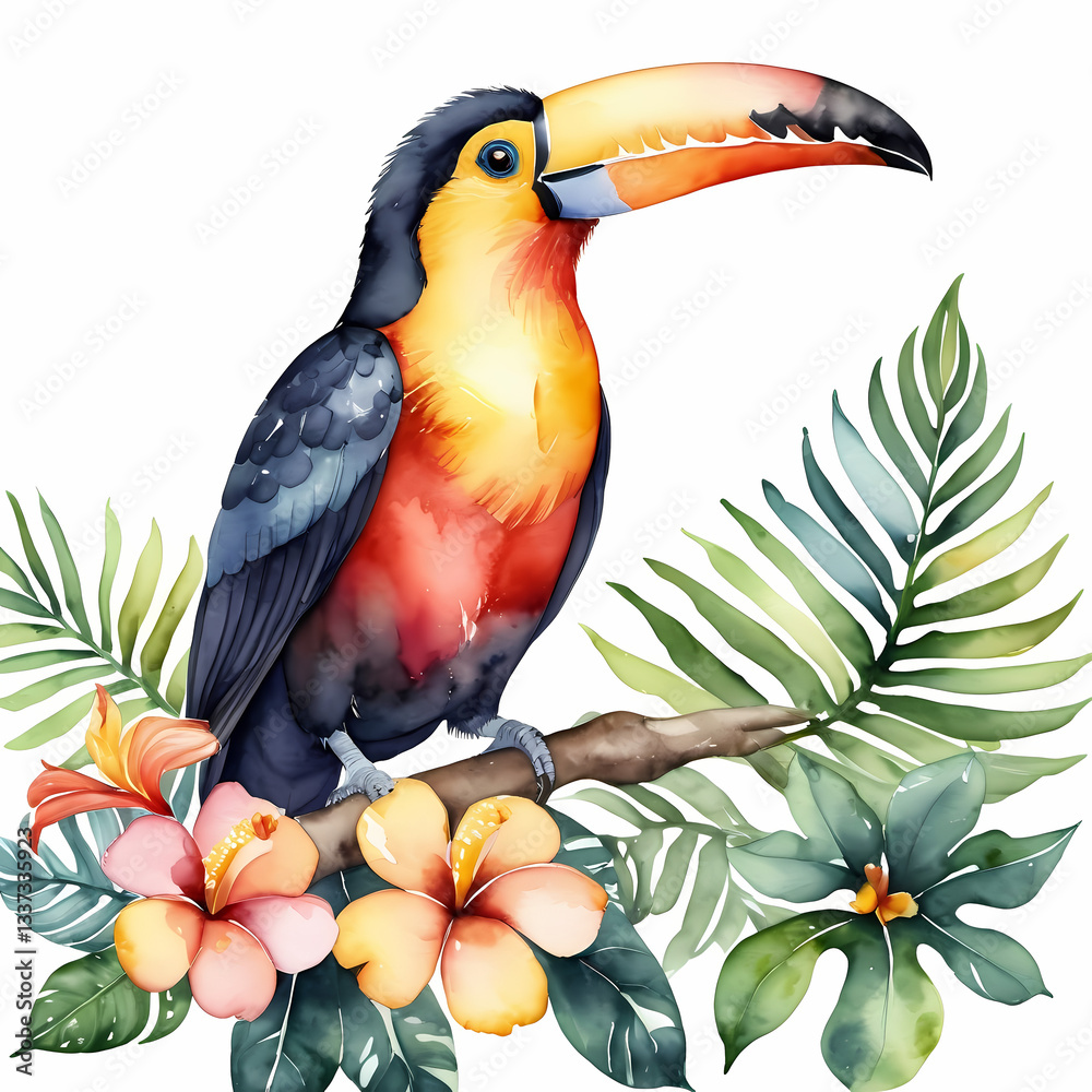 Obraz premium Toucan with tropical flowers and leaves. Exotic watercolor bird illustration for cards, posters, isolated 