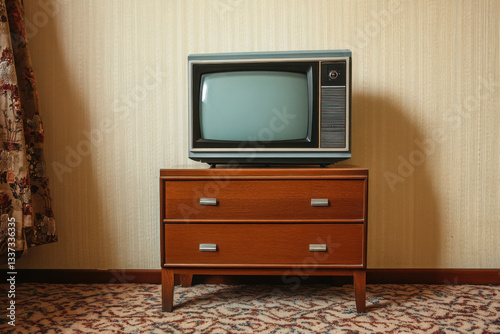 Old TV with clutter on the screen on an old table, vintage design in 80s and 90s style. 
