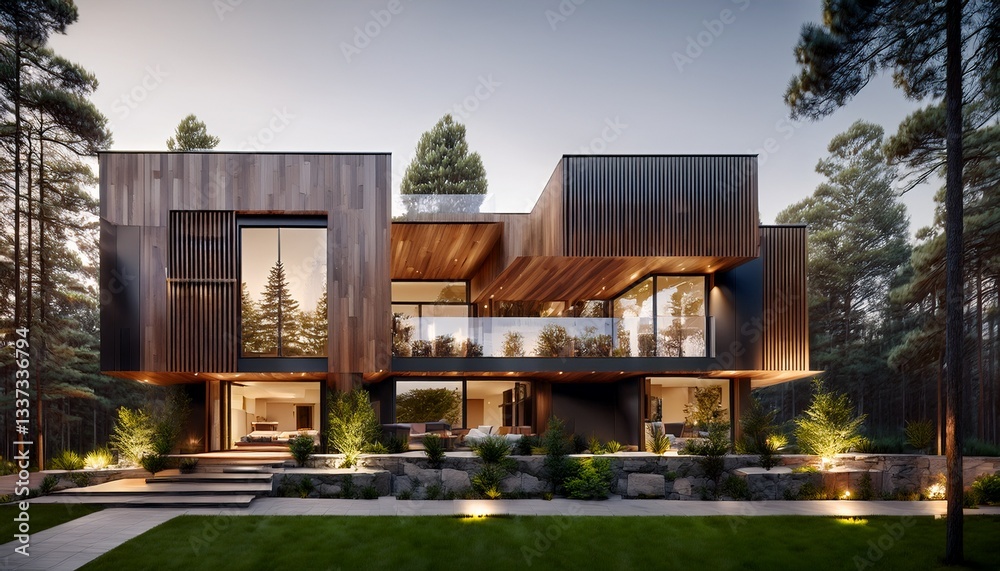 Obraz premium 자연 속에 위치한 현대적인 고급 목조 주택