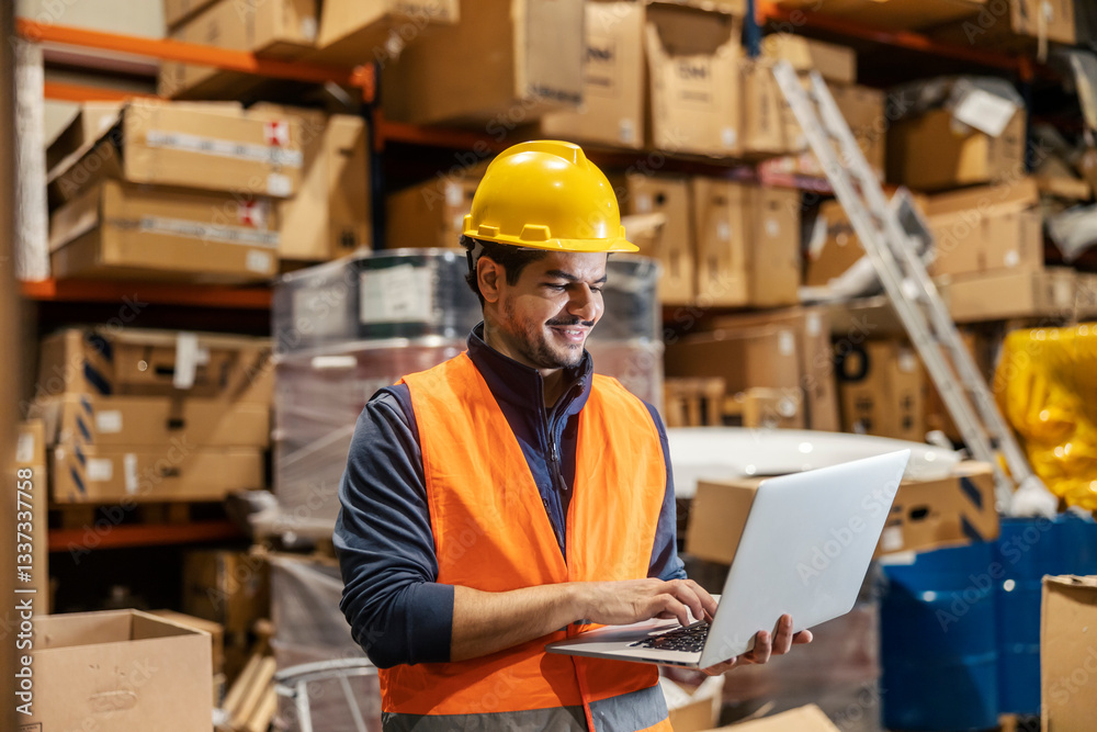 Cheerful interracial storage worker with laptop typing on it and using drop shipping app. Cheerful interracial storage worker with laptop typing on it and using drop shipping app.
