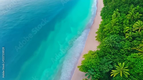 Aerial View of Tropical Beach with Turquoise Water, White Sand, and Lush Green Forest Creating Serene and Picturesque Landscape Showcasing Natural Beauty and Tranquility of Coastline