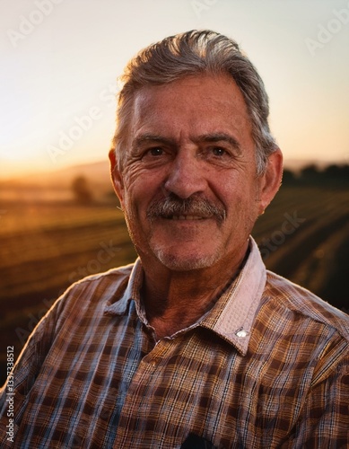 A portrait of a handsome old farmer with a mustache, looking at the camera with satisfaction as he rests at sunset. The image captures the worker in the agricultural field.