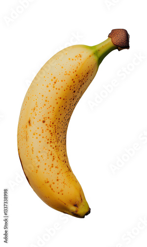 Ripe banana close up. Yellow fruit with brown spots. Isolated object, transparent png. Healthy food element. Tropical fruit still life. Simple design.