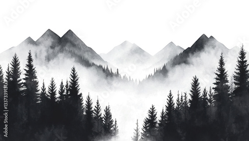 Seamless pattern with foggy mountains and pine trees in black and white colors. Hand drawn watercolor mountain landscape pattern PNG 
