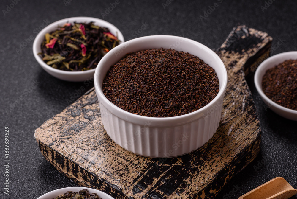 Black tea dry crushed in bowl Black tea dry crushed in bowl
