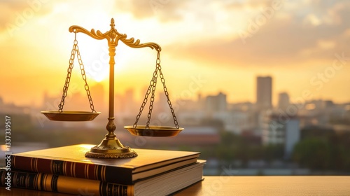 Justice scales over city skyline background