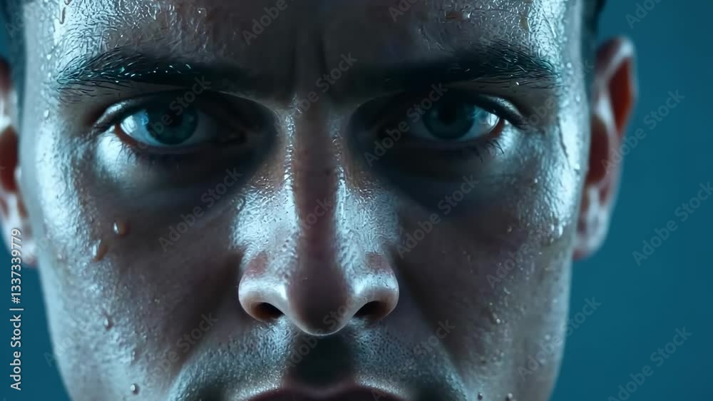 Intense face closeup with subtle emotional shifts and dynamic lighting Intense face closeup with subtle emotional shifts and dynamic lighting