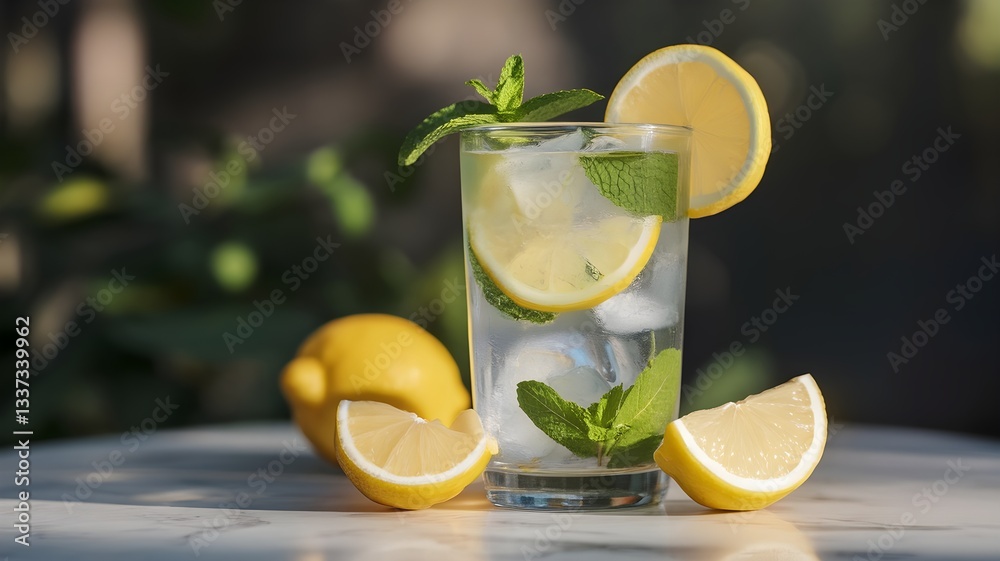 Fototapeta premium Refreshing lemon and mint infused water on a sunny day, ideal for a healthy and hydrating beverage. Great for summer refreshment