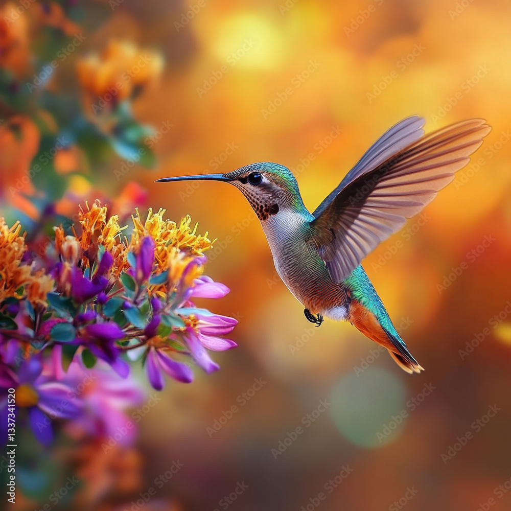 Naklejka premium Hummingbird Hovering Over Vibrant Flowers in a Colorful Scene