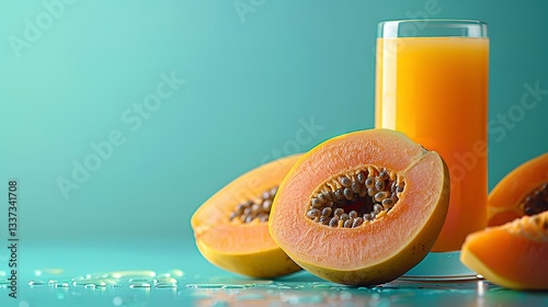 Detailed view of a luscious fresh papaya fruit displayed on a surface with a glass of refreshing papaya juice over a cobalt blue setting, Generative AI.